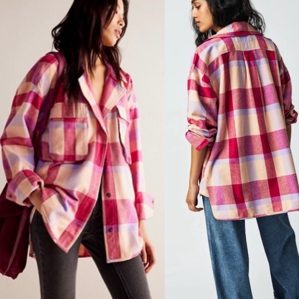 NWT- FREE PEOPLE Izzie Cargo Jacket in Pink & Cream Combo OVERSIZED SHACKET